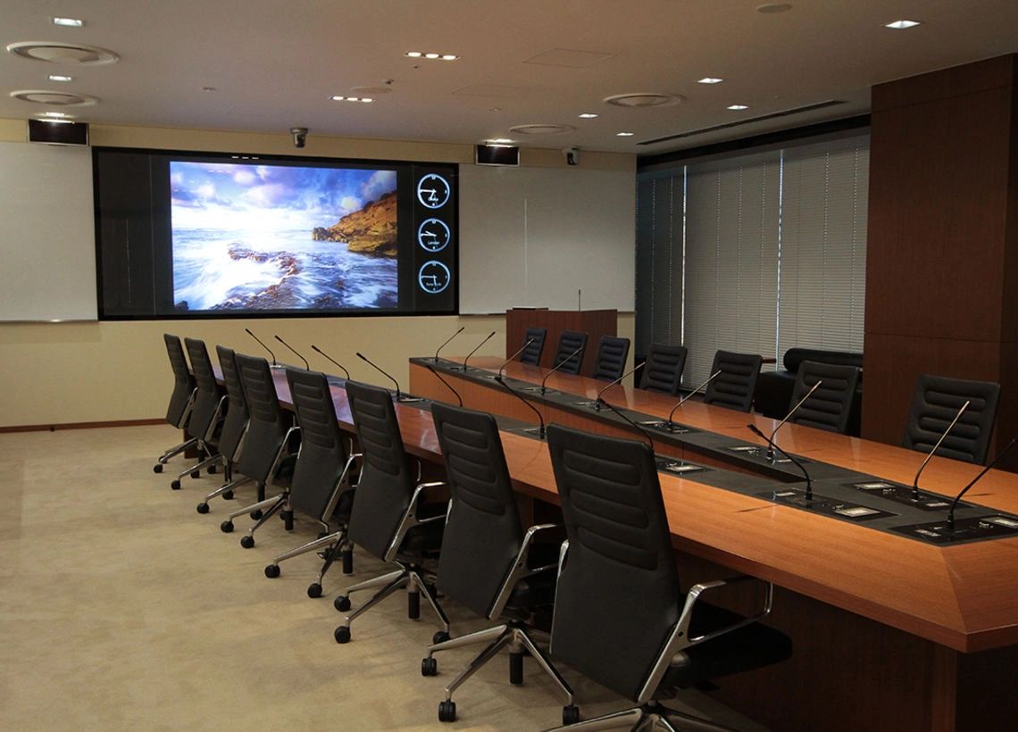 Modern conference room with large display